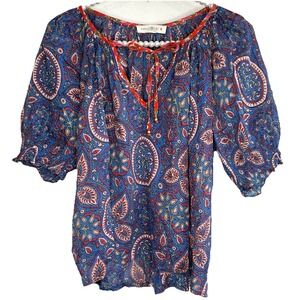 NATURAL LIFE Blue Paisley Peasant Blouse with Red Trim and Cream Accents